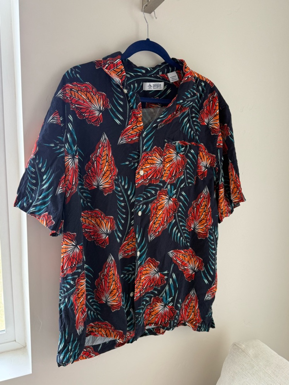 Original Penguin Navy Short-Sleeve Button-Up with Red-Orange Leaf Print